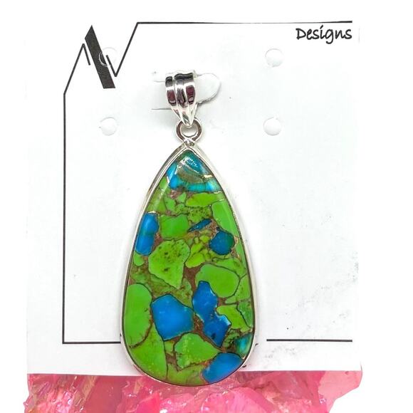 Hand Crafted Jewelry - Green & Blue Kingman Turquoise Necklace Pendant Solid 925 Sterling Silver Boho